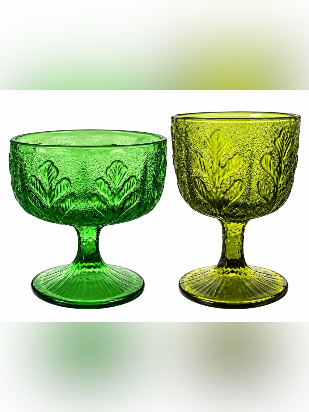 Green & Olive Leaf-Embossed Glass Dessert Compotes - Unbranded